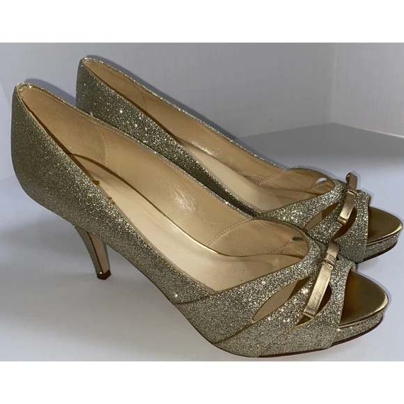 Kate Spade New York Shoes - Kate Spade New York Charm Gold Glitter Peep Toe Bow Pumps Size 7.5B